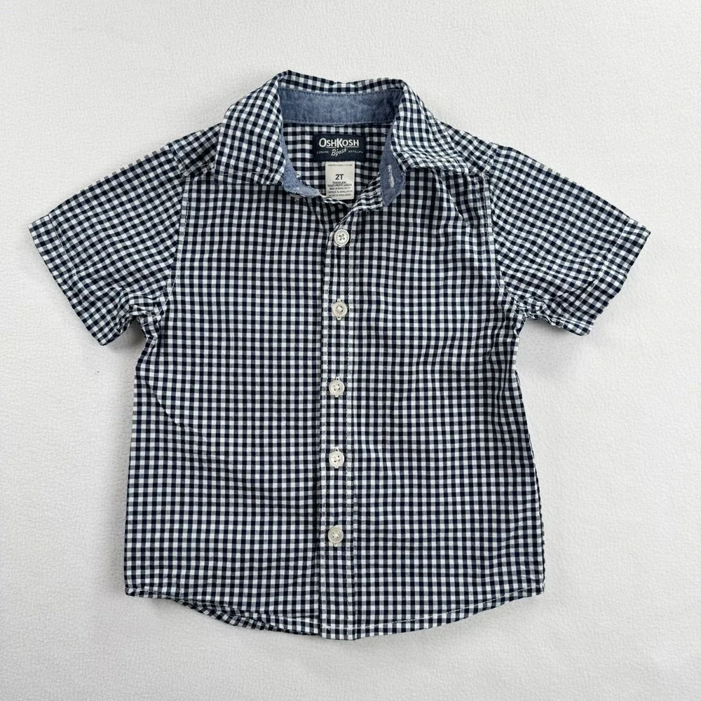 OshKosh Bgosh Toddler‎ Boys Navy Blue White Gingham Short Sleeve Button Down 2T